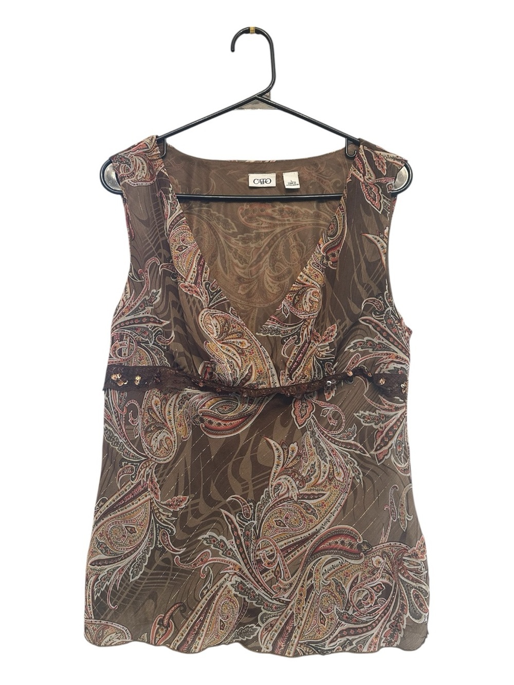Vintage Y2K CATO Paisley Print Silky Sequined Blouse in Brown and Rust Large